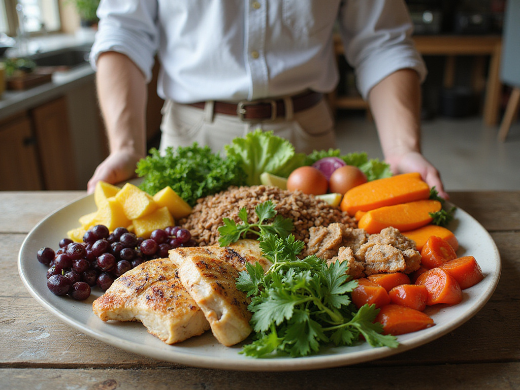 Balanced diet meal on rustic table in simplistic kitchen