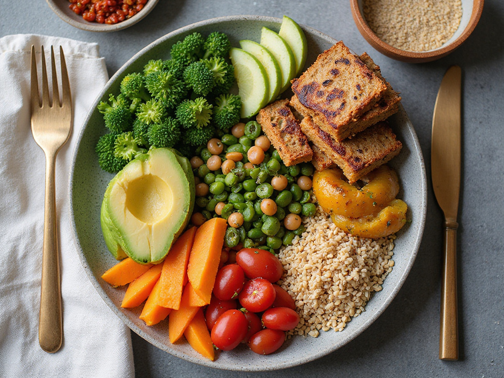 Well-balanced vegan diet with legumes, fruits and vegetables