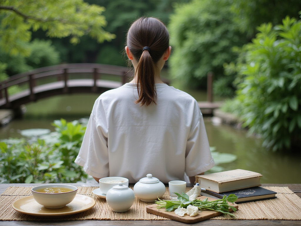 Woman preparing tea outdoors representing therapeutic דיאטה סינית practices.
