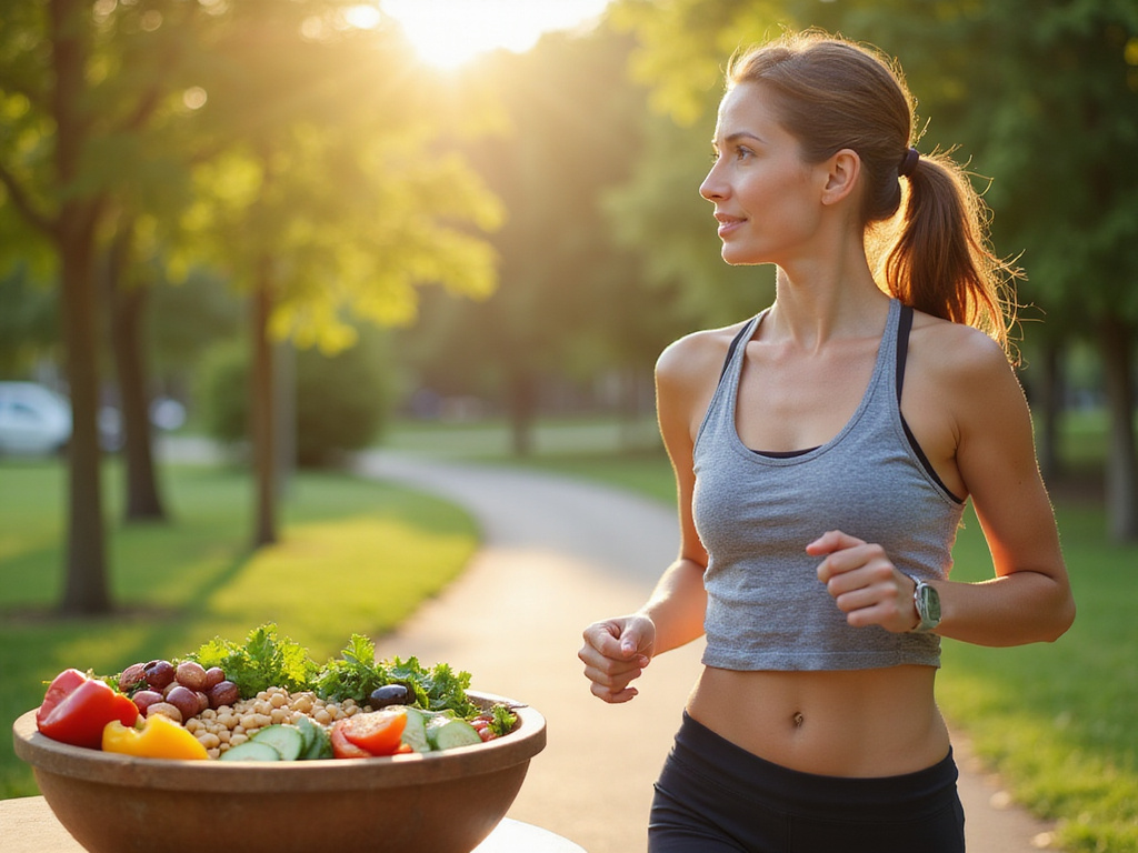 Active woman jogging with a salad, representing a Hebrew diet lifestyle