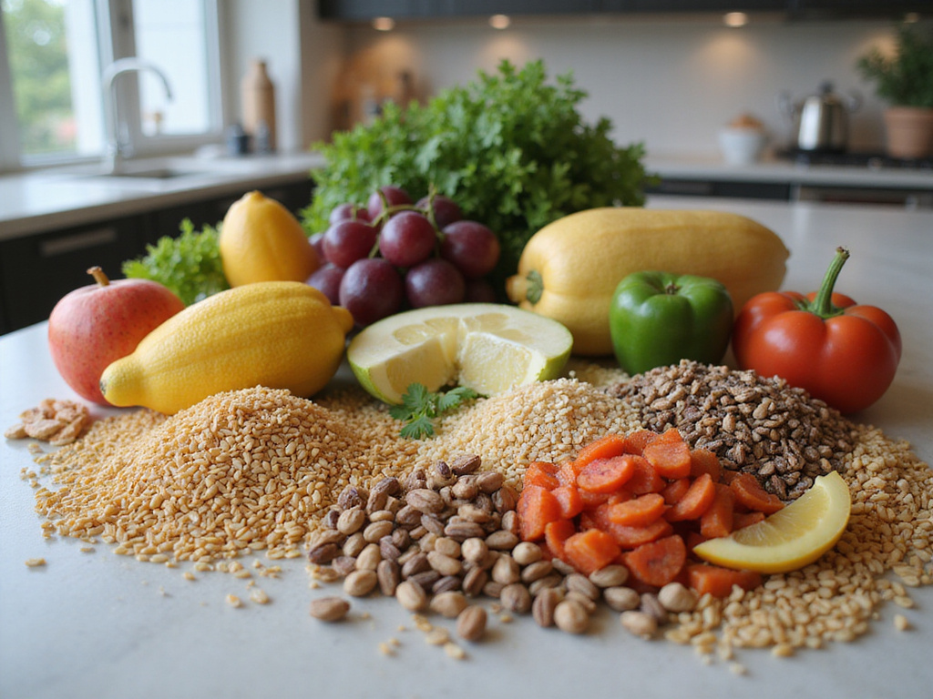 Dietary fibers health benefits displayed through fresh, colorful foods