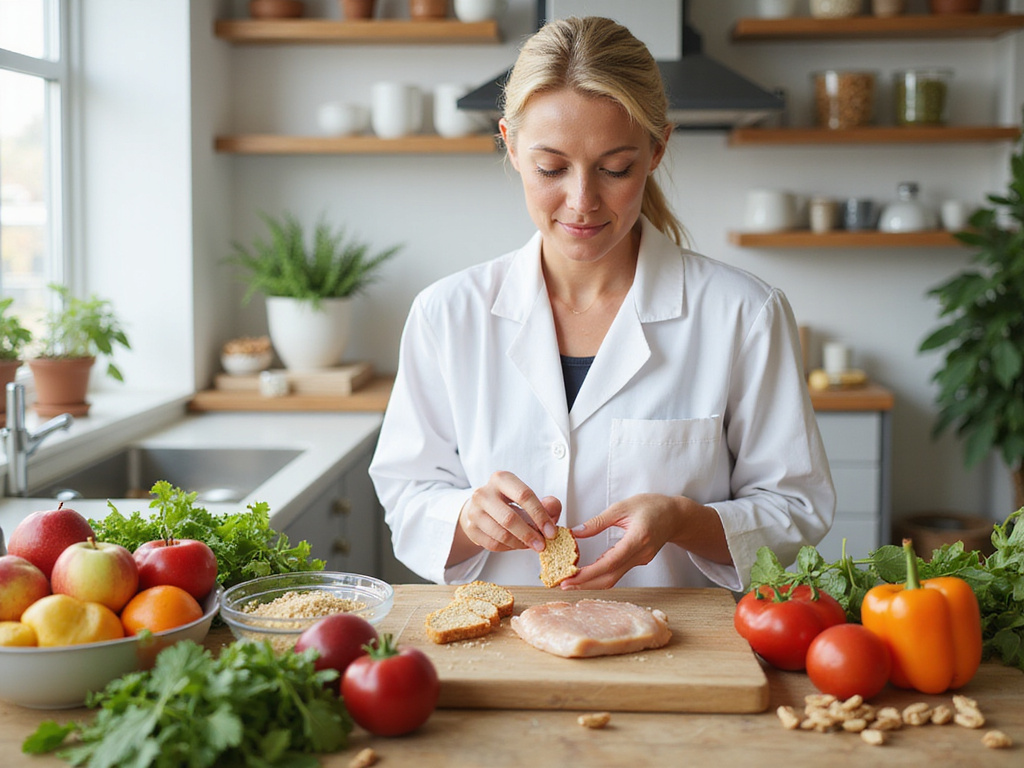Dietician preparing balanced, gluten-free foods on wooden kitchen counter