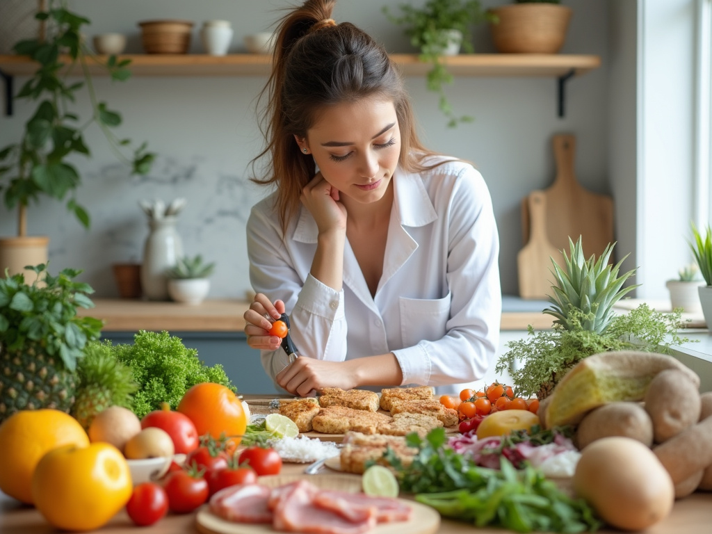 Woman examining healthy gluten-free diet foods on table