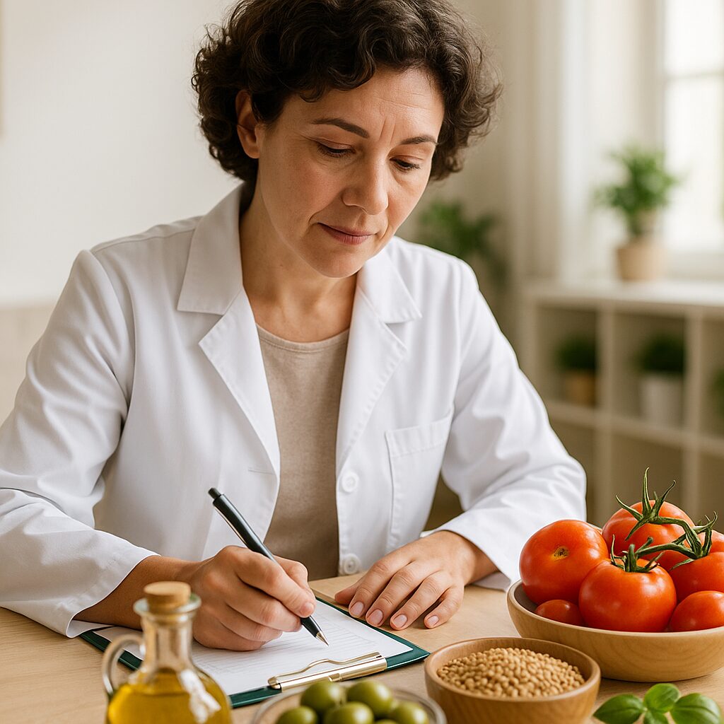 Dietician studying Mediterranean diet ingredients in the kitchen