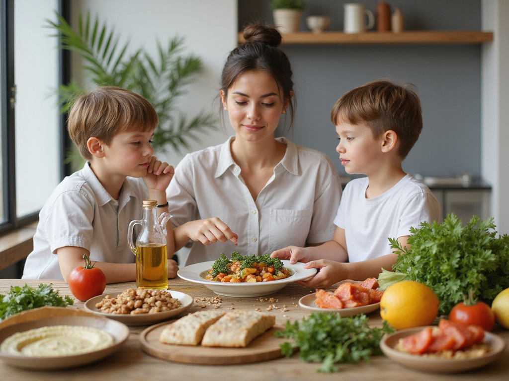 Mother and children enjoying Mediterranean diet daily menu