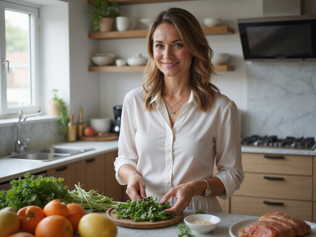 דיאטה נינט טייב: mature woman preparing healthy meal in modern kitchen