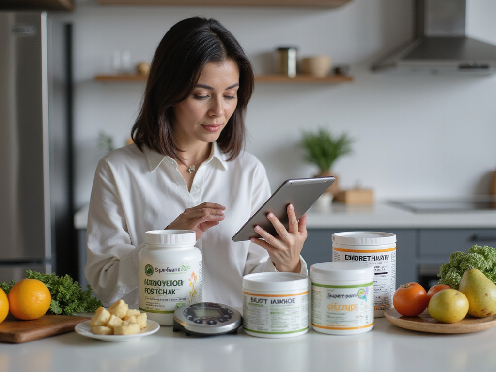 Woman reviewing Super-pharm diet products in a modern kitchen