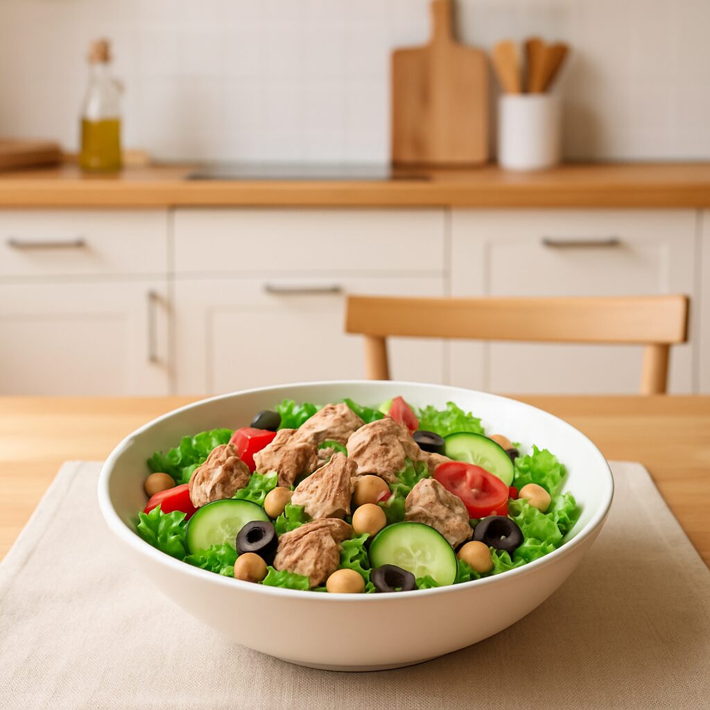 Healthy tuna-based dish in a minimalist modern kitchen