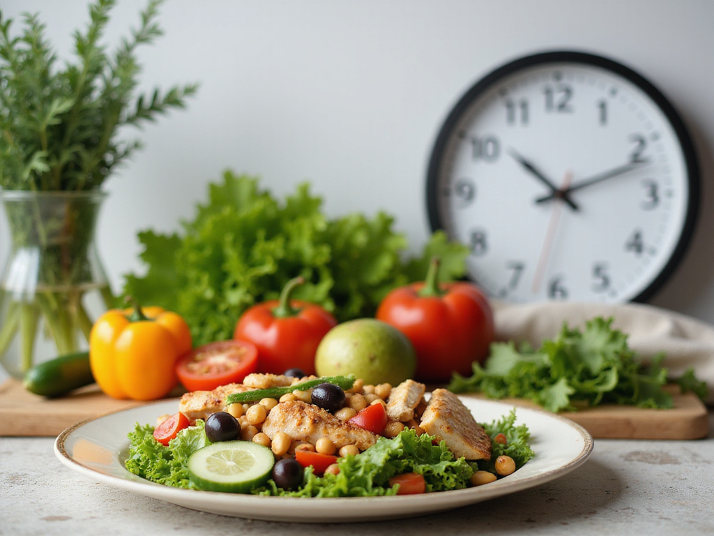 Kitchen bench with fresh vegetables, clock and דיאטה צום 12 שעות salad plate.
