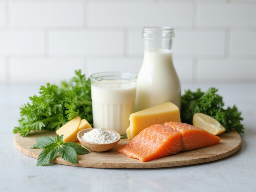 Variety of calcium-rich foods for a דיאטה עתירת סידן on a kitchen counter