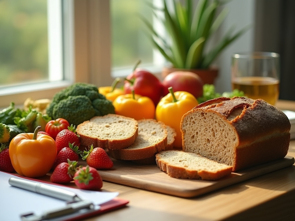 Healthy diet with bread and colorful fruits and vegetables