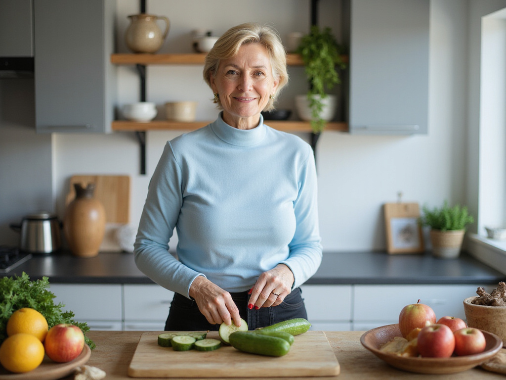 Mature woman preparing vegetables for a דיאטה קלה in a modern kitchen