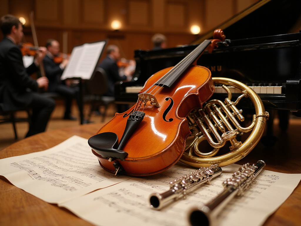 Orchestra stage with violin, French horn, piano, flute, and clarinet