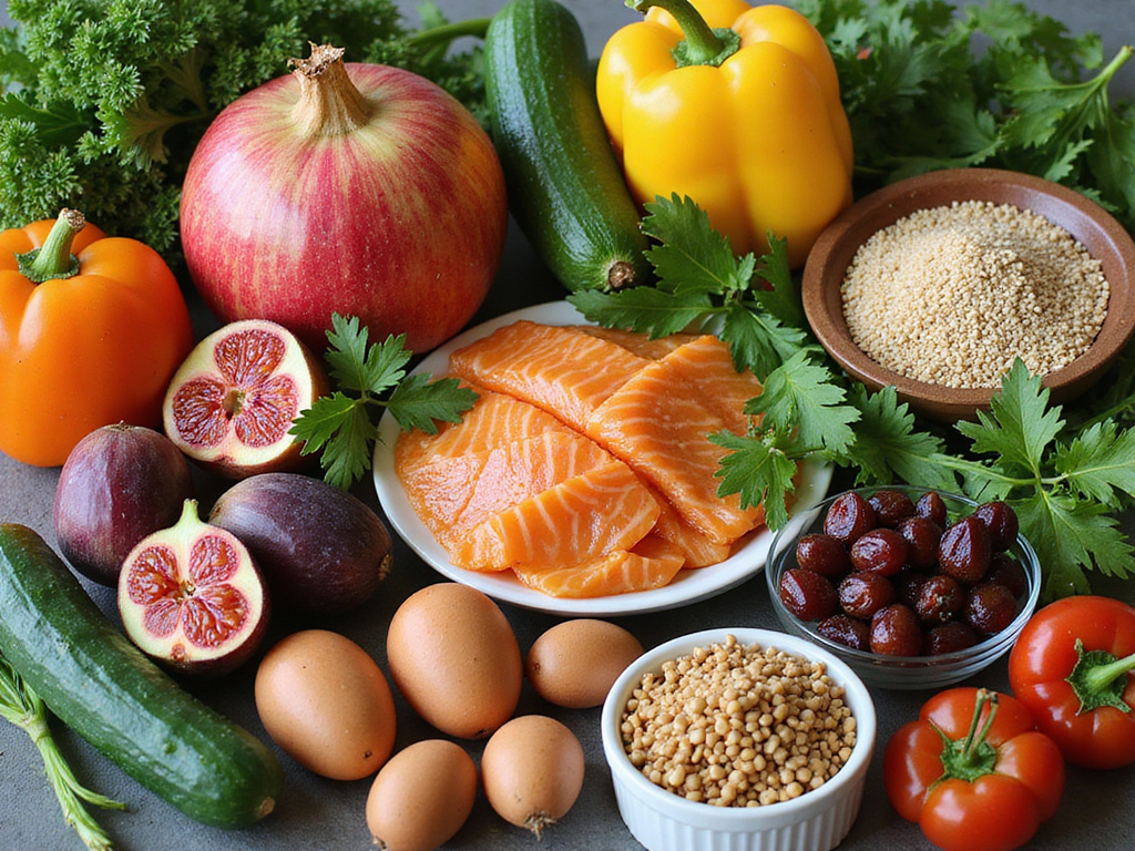 Hebrew diet weekly menu with fresh fruits, vegetables, and proteins