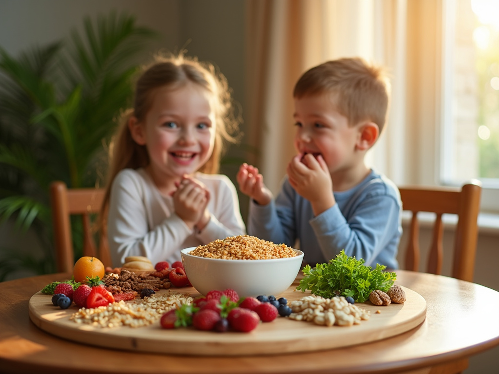 Children enjoying a fiber-rich diet at a sunny dining table