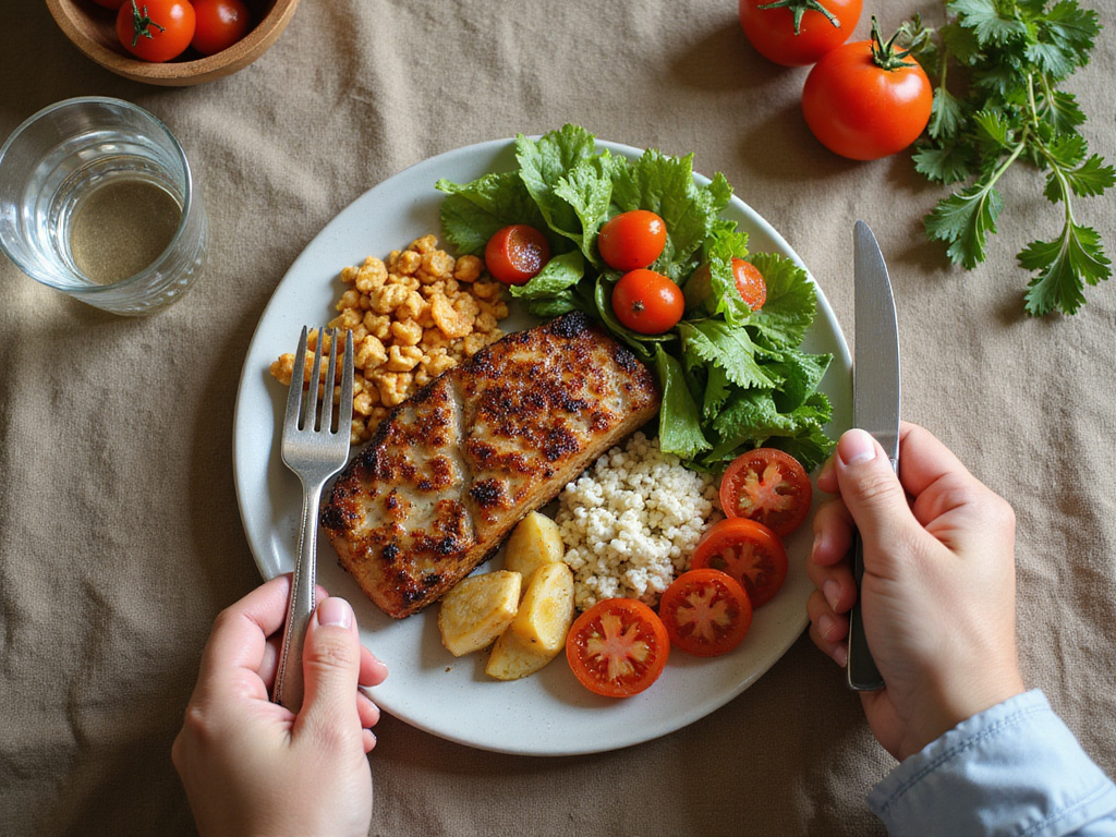 Adult preparing to eat healthy Paleo diet meal on earth toned tablecloth