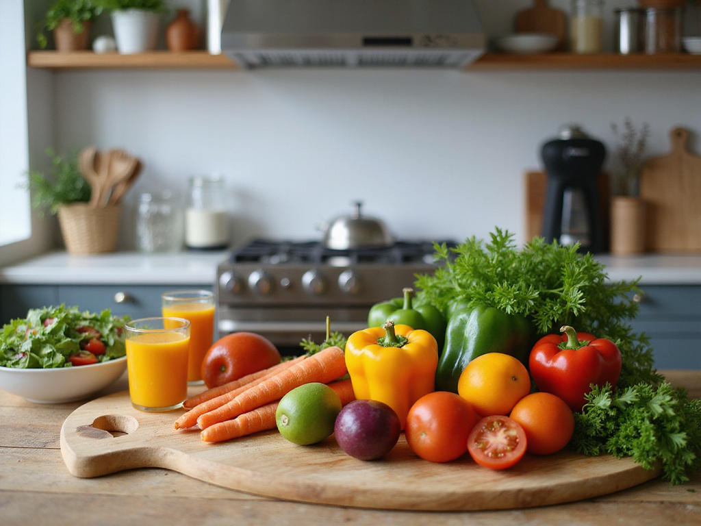 Healthy דיאטה צמחונית in stylish kitchen with colorful vegetables