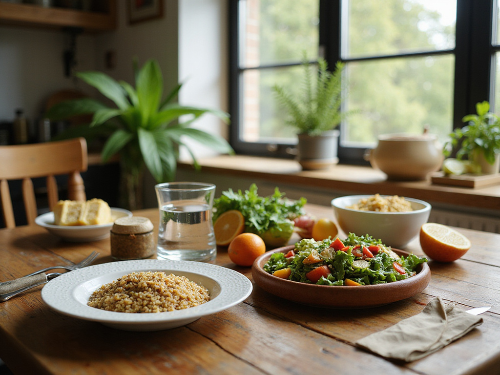 Vegan meal for managing acid reflux דיאטה רפלוקס on a wooden dining table.