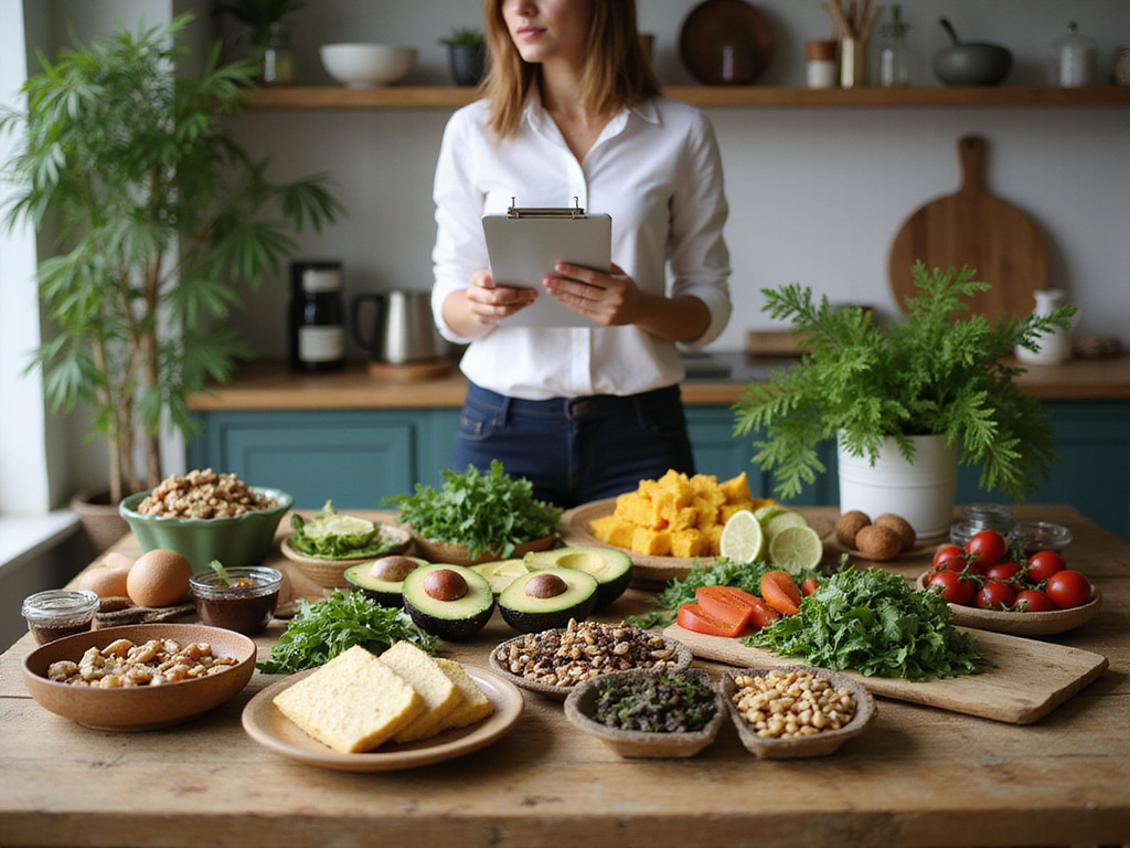 Dietitian analyzing vegetarian ketogenic diet foods on a wooden table